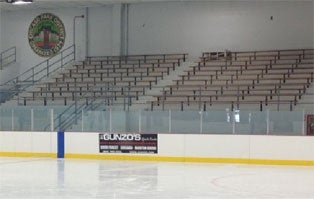 view from ice of dasher boards featuring ads.